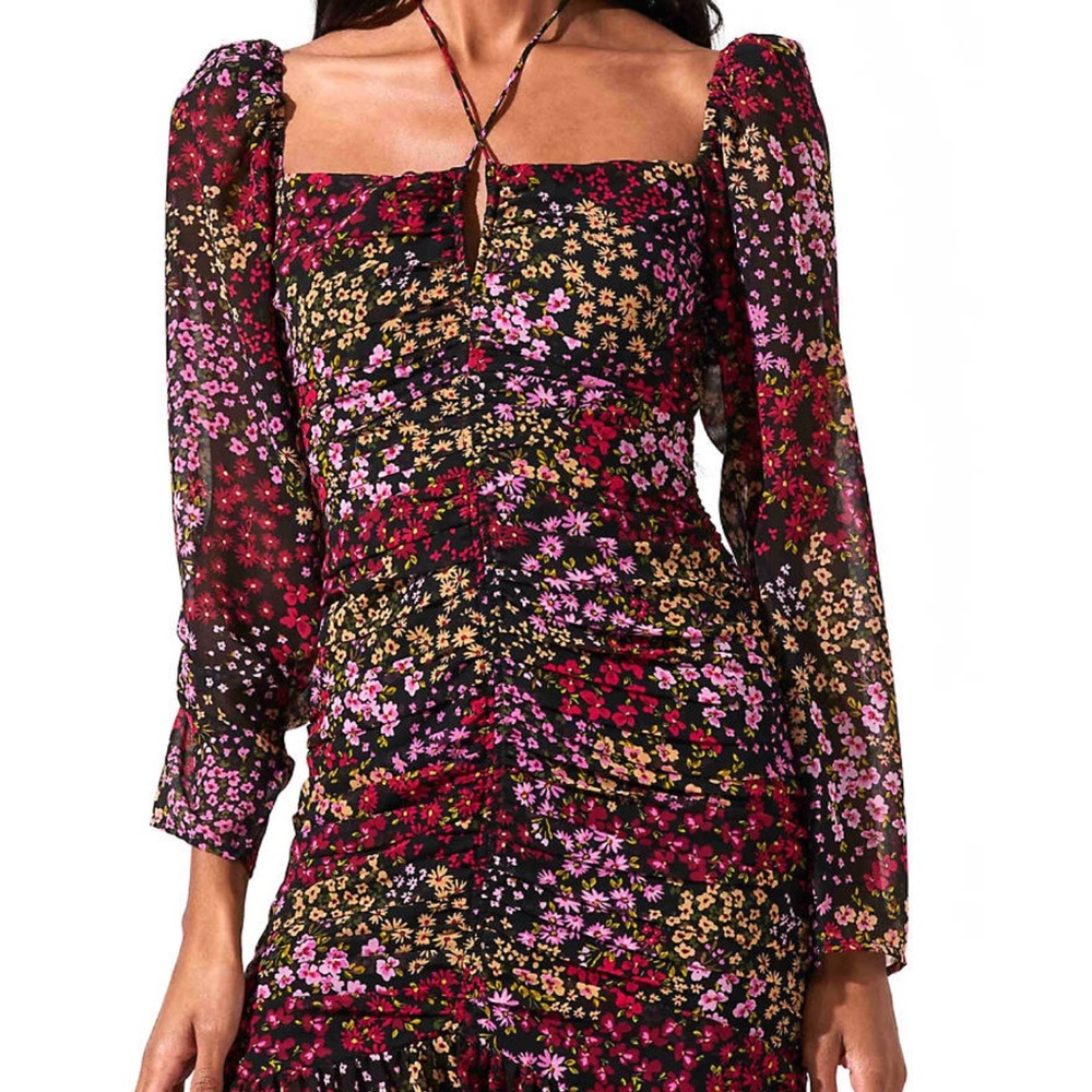 Astr Floral Midi Dress in Black with Pink & Green Accents - Picture 2 of 7